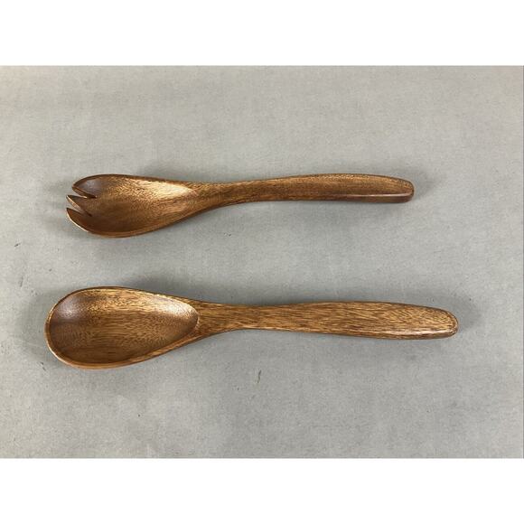 Crate & Barrel Mid Tone Wood Serving Salad Set Fork Spoon - Picture 1 of 6